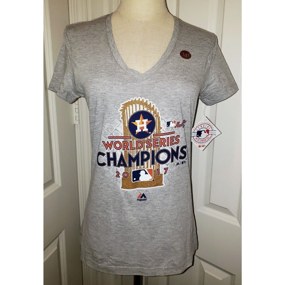 Houston Astros World Series Champs Light Grey 2017 V-Neck T Shirt Size Small NEW